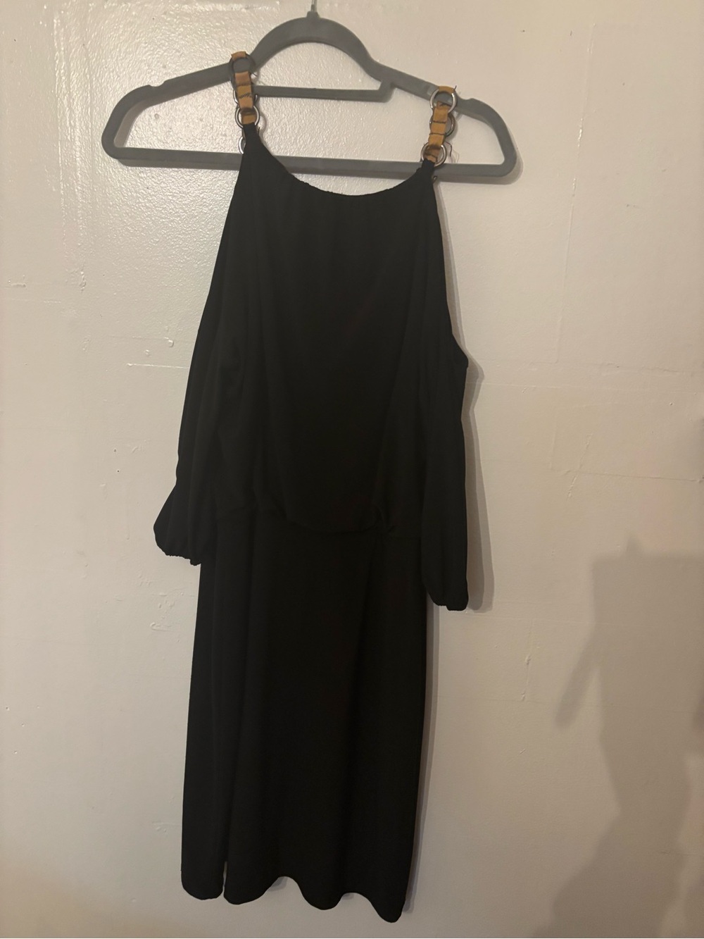 Nine West Black Cold-Shoulder Midi Dress with Buckle-Strap Accents